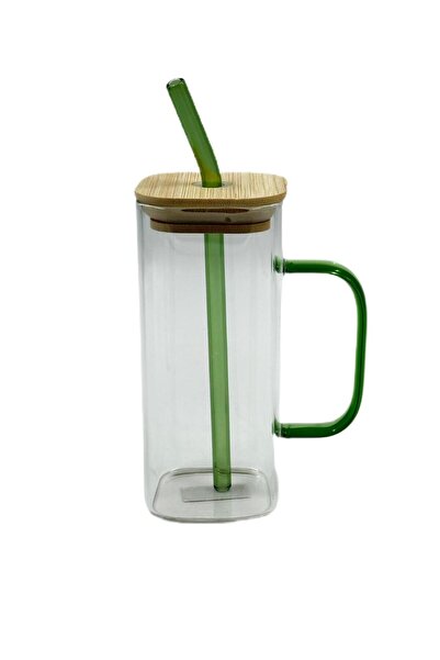 MOSTAFA Glass coffee or matcha mug with handle and straw, with wooden lid