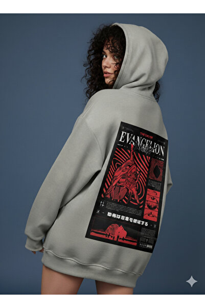 By Caspita Fashion Lenithra Evangelion Back Printed Unisex Oversize Gray Hoodie