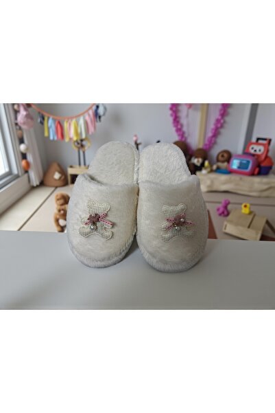 Bmp Terlik Ecru Plush Children's House Slippers with Teddy Bears