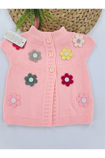 Butik Kız Çocuk Örme Triko Yelek Hırka Düğmeli Papatya Detaylı Premium Kalite