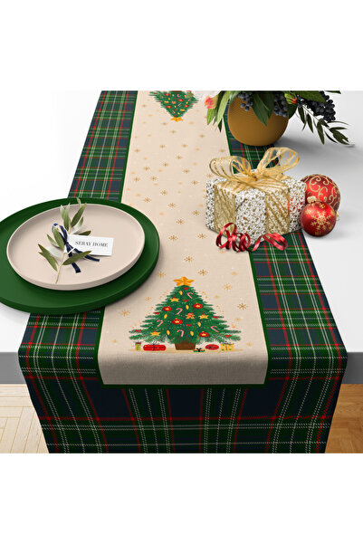 Home SH Seray Yılbaşı Christmas Temalı Ekoseli Çam Ağacı Bej Runner