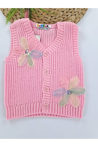 Butik Kız Çocuk Örme Triko Yelek Hırka Düğmeli Papatya Detaylı Premium Kalite