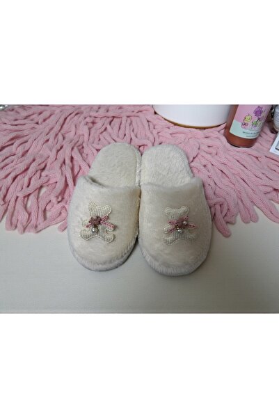 Bmp Terlik Ecru Plush Children's House Slippers with Teddy Bears