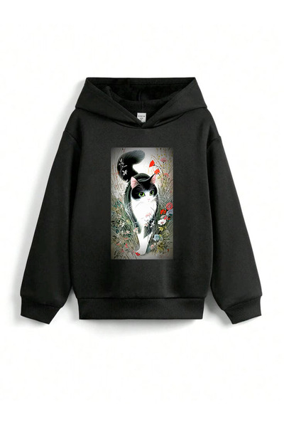 stil x Детска суитшърт с качулка и принт на сладки котки