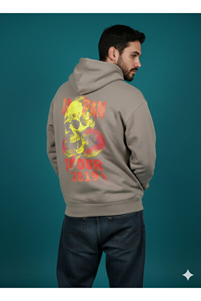 By Caspita Fashion Μπλούζα με κουκούλα Lenithra Japan Tour με στάμπα στο πίσω μέρος, Unisex Oversize Beige