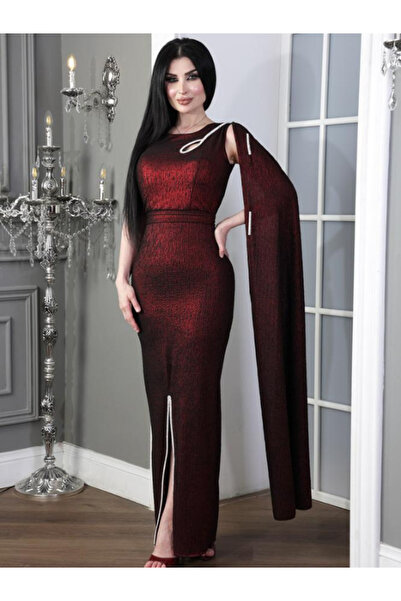 TREN Luxury Burgundy Evening Dress Sheer Cape Metallic Shimmer Crystal Accent Slit Formal Occasion