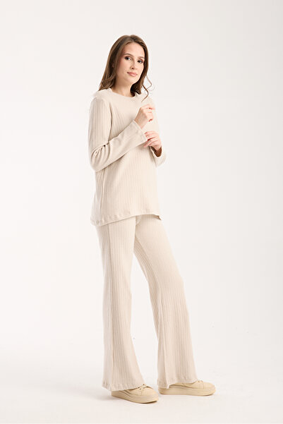 MUZOTEX Women's Beige Top and Bottom Ribbed Thick Suit