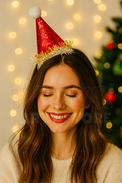 Huzur Party Store Червена шапка с петна за Коледа, унисекс, новогодишна шапка с форма на холограма, златна шапка с ресни, аксесоар за декорация