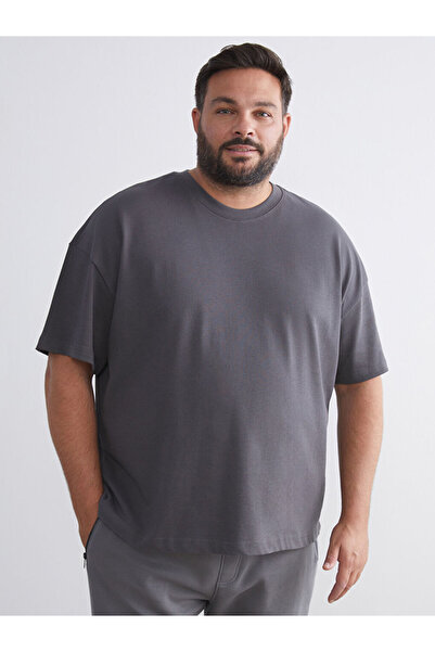 LC Waikiki Gray Plus Size Basic Combed Cotton Men's T-Shirt