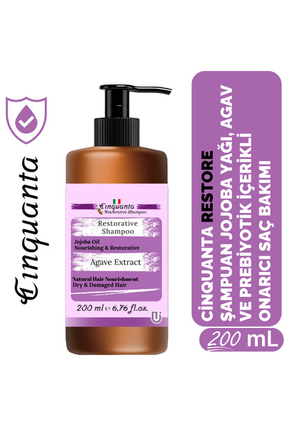 Cinquanta Restore Şampuan 200 ml – Jojoba Yağı, Agav ve Prebiyotik İçerikli Onarıcı Saç Bakımı