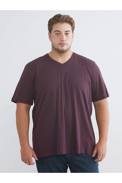 LC Waikiki Plum Plus Size V-Neck Combed Cotton Men's T-Shirt