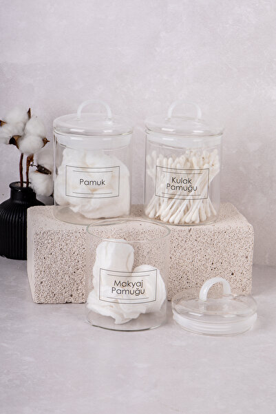 DNS HOME Set de 3 din bumbac Set de baie din sticlă Bumbac pentru urechi Bumbac pentru ață dentară Bumbac pentru machiaj Set de organizare pentru recipiente de depozitare