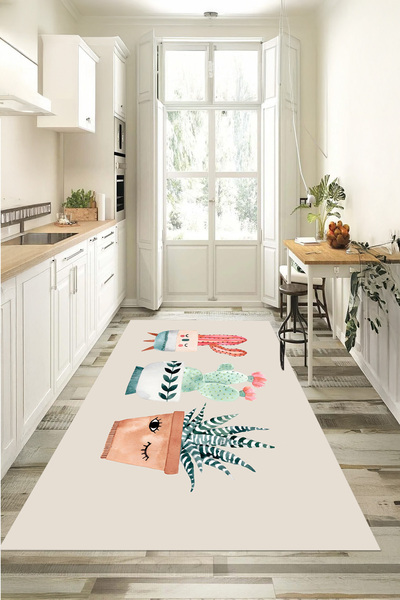 EVİMSEN Dekoratif Dijital Baskılı Yıkanabilir ve Kaymaz Tabanlı Kaktüs Desenl...