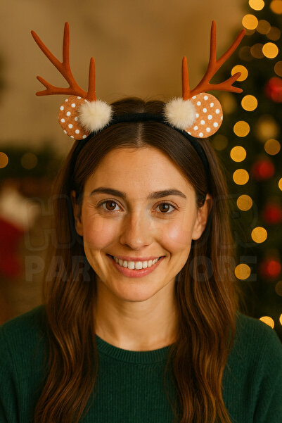 Huzur Party Store Coroană de Anul Nou maro cu coarne de cerb, cu urechi cu buline, cu pompon alb, accesoriu pentru coroana de Anul Nou