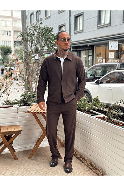 manch collection Kendinden Desenli Gömlek Pantolon Takım Kahverengi