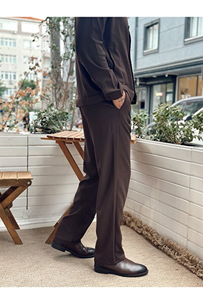 manch collection Kendinden Desenli Gömlek Pantolon Takım Kahverengi