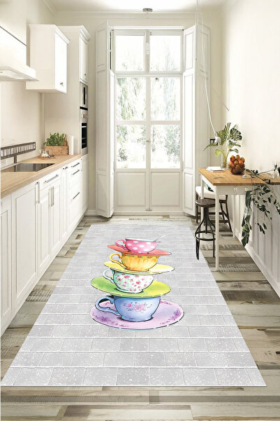 EVİMSEN Dijital Baskılı Yıkanabilir ve Kaymaz Tabanlı Renkli Fincan Desenli M...