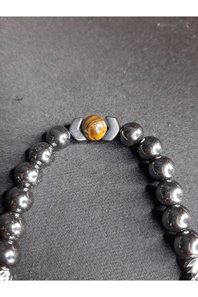 MRYart Metallic Smoked Color Natural Hematite and Zaza Prayer Beads with Tiger's Eye Beads in the Middle