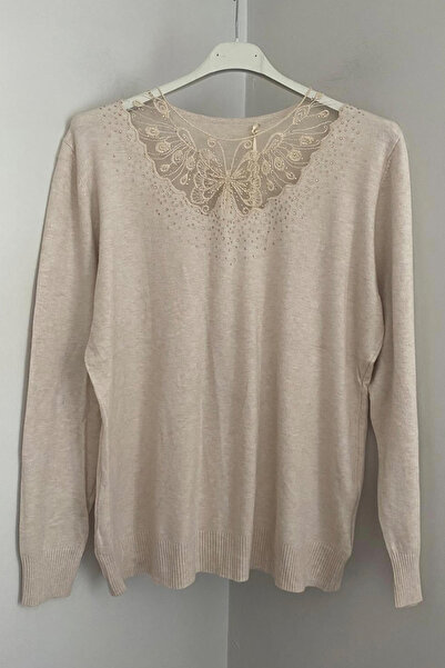 AYASOFYA OTANTIK Bluză de damă italiană bej cu guler rotund, cu detaliu din d...