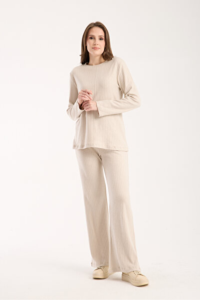 MUZOTEX Women's Beige Top and Bottom Ribbed Thick Suit