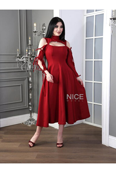 TREN Elegant Red Off Shoulder Dress Tie Sleeve Midi Length Cocktail Evening Party Crepe Dress