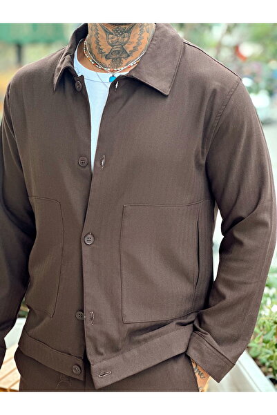 manch collection Kendinden Desenli Gömlek Pantolon Takım Kahverengi