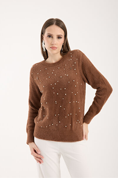 Moda Days Pulover Bi guler rotund riko pentru femei, cu detaliu de piatră și ...