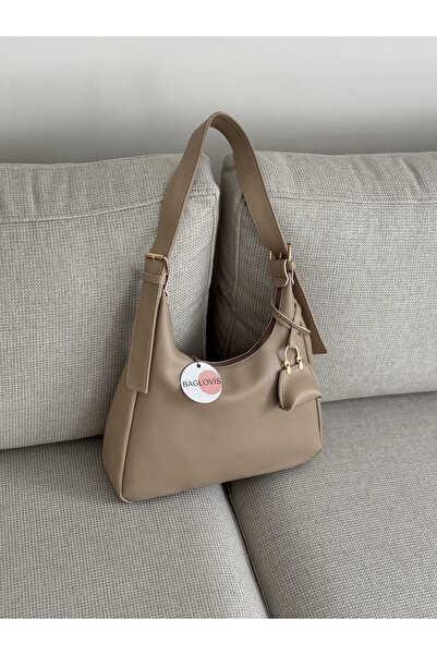 BAGLOVİS Mink Women's Shoulder Bag with Hanging Bag Detail and Mini Wallet En34 Boy22