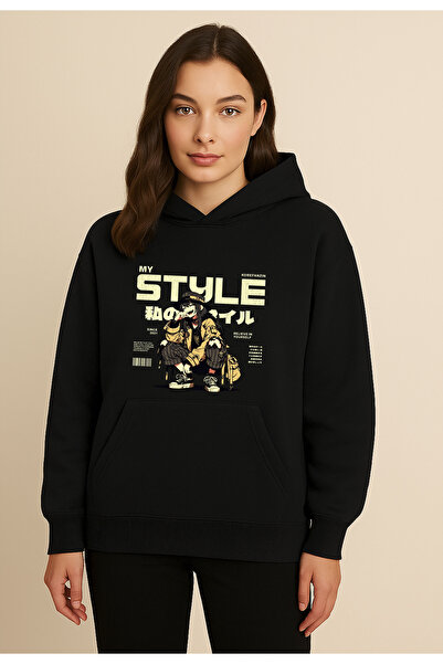 Korefanzin Korean Style Anime Logo Black Basic Sweatshirt Hoodie