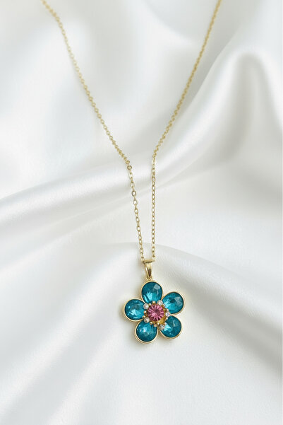 özgül takı ve tasarım Stainless Steel Gold Color Fuchsia Crystal Stone Flower Women Necklace