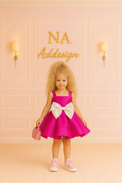 NA ADDESIGN Fuchsia Satin Fabric Big Bow Detail Puffy Girl's Dress, Party Dress