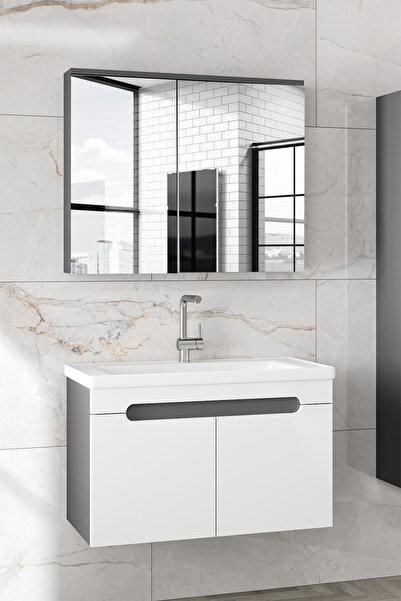 Alfa Banyo Ardi 80 cm Seramik Lavabolu Banyo Dolabı Seti-Mdf-Hazır Kurulu--