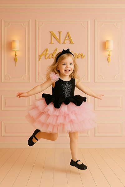 NA ADDESIGN فستان بناتي منفوش من التول الوردي مع ترتر أسود، فستان أميرة، فستا...