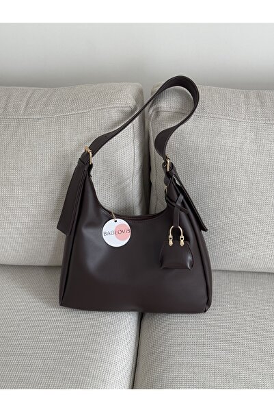 BAGLOVİS Brown Women's Shoulder Bag with Hook Detail and Small Wallet En34 Boy22