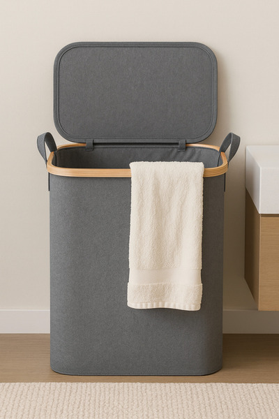 BEYZANA Bambu Kapaklı Katlanabilir Kumaş Çamaşır Sepeti 50 Litre Kapaklı Ve K...