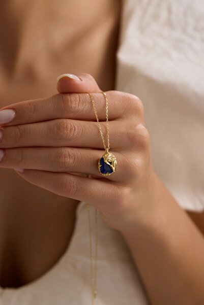 Nereze 925 Ayar Gümüş Gold Kaplama Mavi Taşlı İlham Perisi Kolye