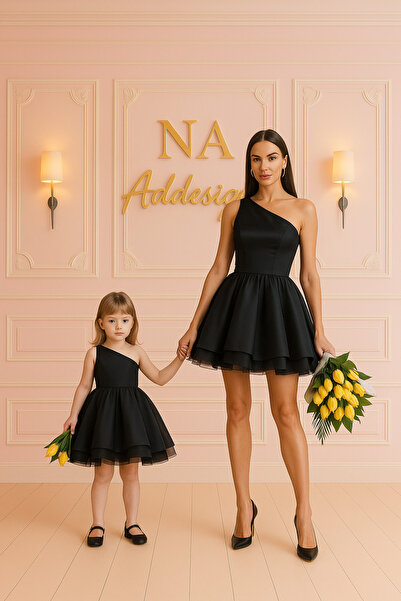 NA ADDESIGN Tek Omuz Siyah Saten Anne Kız Elbise (sepete ayrı eklenmelidir, f...