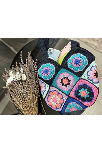 gulora Tığ İşi Koton İpten El Yapımı Renkli Motifli Omuz Çantası