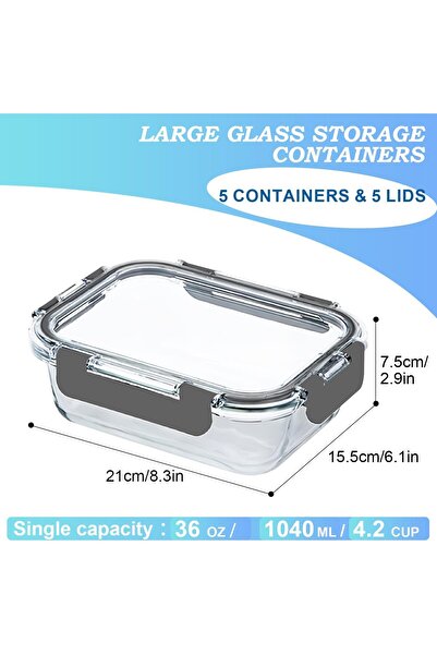 Hope 1040ml 10-Piece Glass Containers with Lids - Airtight Snap-Locking Food Storage Set, BPA Free,