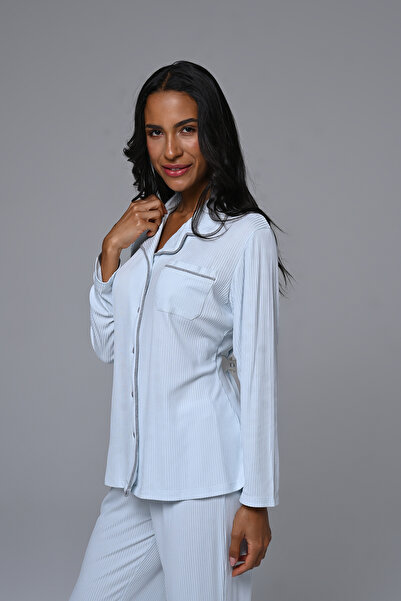 Lohussa Kadın Mavi Jakarlı Önden Düğmeli Kışlık Özel Tasarım Lohusa Hamile Sabahlık Pijama Takımı Seti