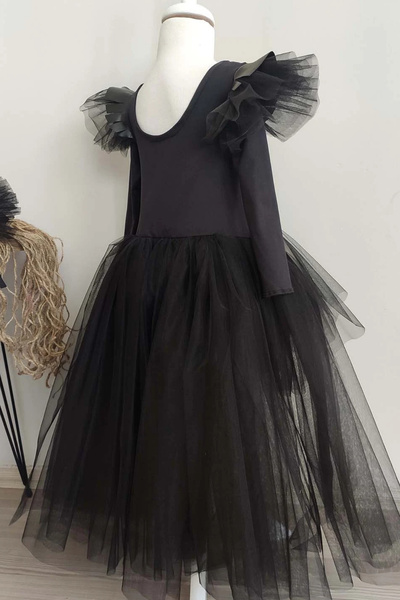 Shecco Babba Girl's Tulle Black Witch Costume–Leather Detailed Witch Dress&Hat Halloween Party Outfit