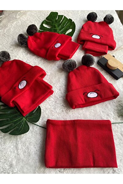 CANSU BUTİK Girl's Pompom High-Necked Red Hat