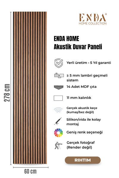 Enda Home MDF Akustik Duvar Paneli 60×278 cm – 11 mm Kalınlık, Gerçek Keçeli ...