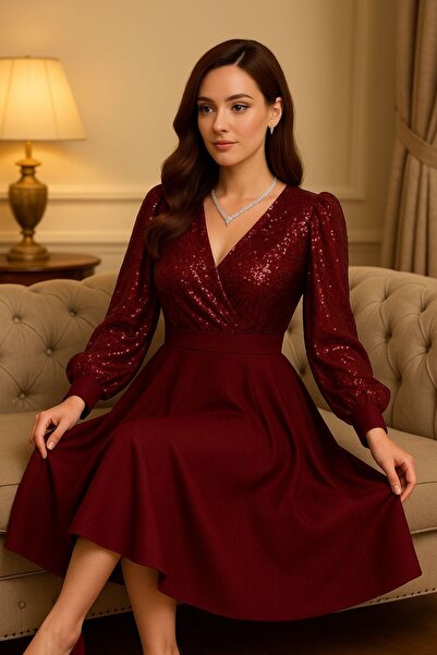 stylingpark Payet Garnili Uzun Kollu Kloş Midi Boy Abiye Elbise