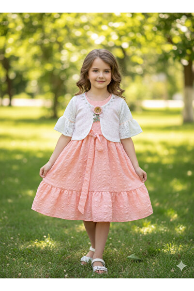 FESSHERA KİDS Kız Çocuk Elbise Dantel Bolerolu ve Fırfırlı Elbise Takımı Bayramlık Özel Gün Düğün Elbisesi