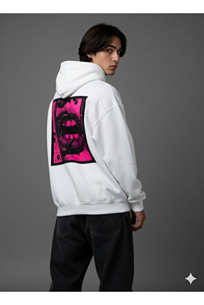 By Caspita Fashion هودي أبيض كبير الحجم للجنسين مطبوع عليه لينيثرا ليب آند ثورن