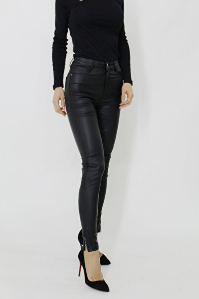 FashionForYou Goya leather push-up skinny pants with pockets and zipper on the leg, Black