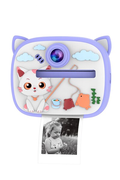 AteşTech Kedi Temalı Anında Baskılı Çocuk Kamerası Print Kamera | Çift Kamera, 2,0″ Ekran, Silikon Kılıf