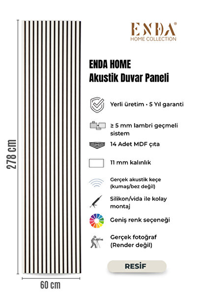 Enda Home MDF Akustik Duvar Paneli 60×278 cm – 11 mm Kalınlık, Gerçek Keçeli ...