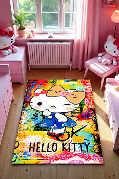 FG Store Hello Kitty Temalı Dijital Baskılı Makinede Yıkanabilir Kaymaz Leke Tutmaz Salon Halısı